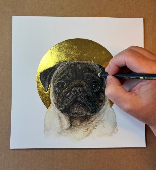 Custom pet paintings with gold leaf halo