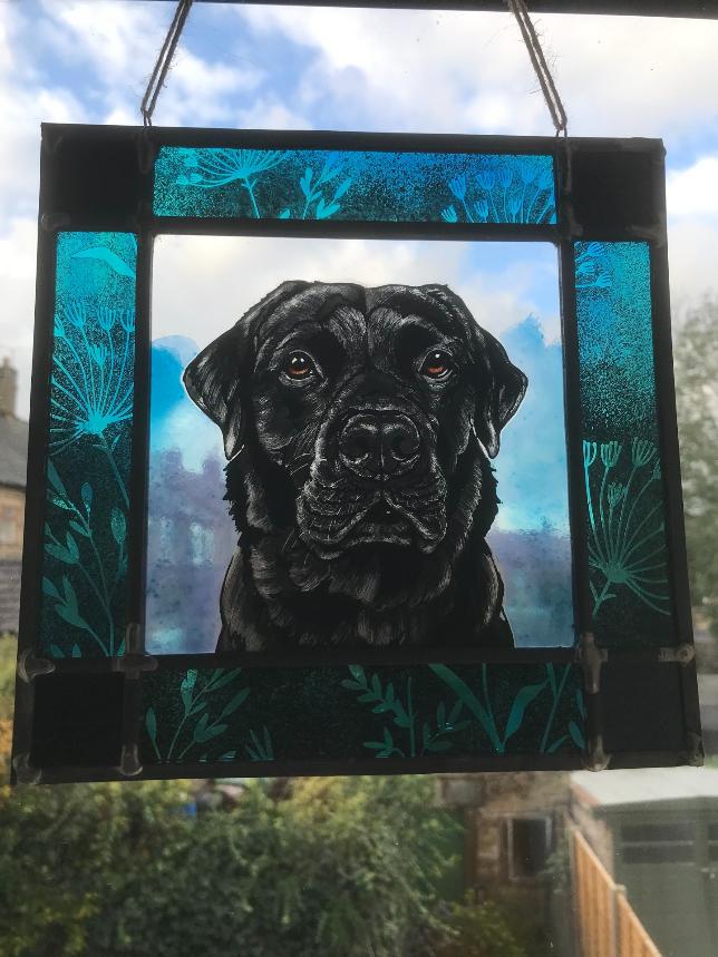 black labrador custom pet portrait in stained glass
